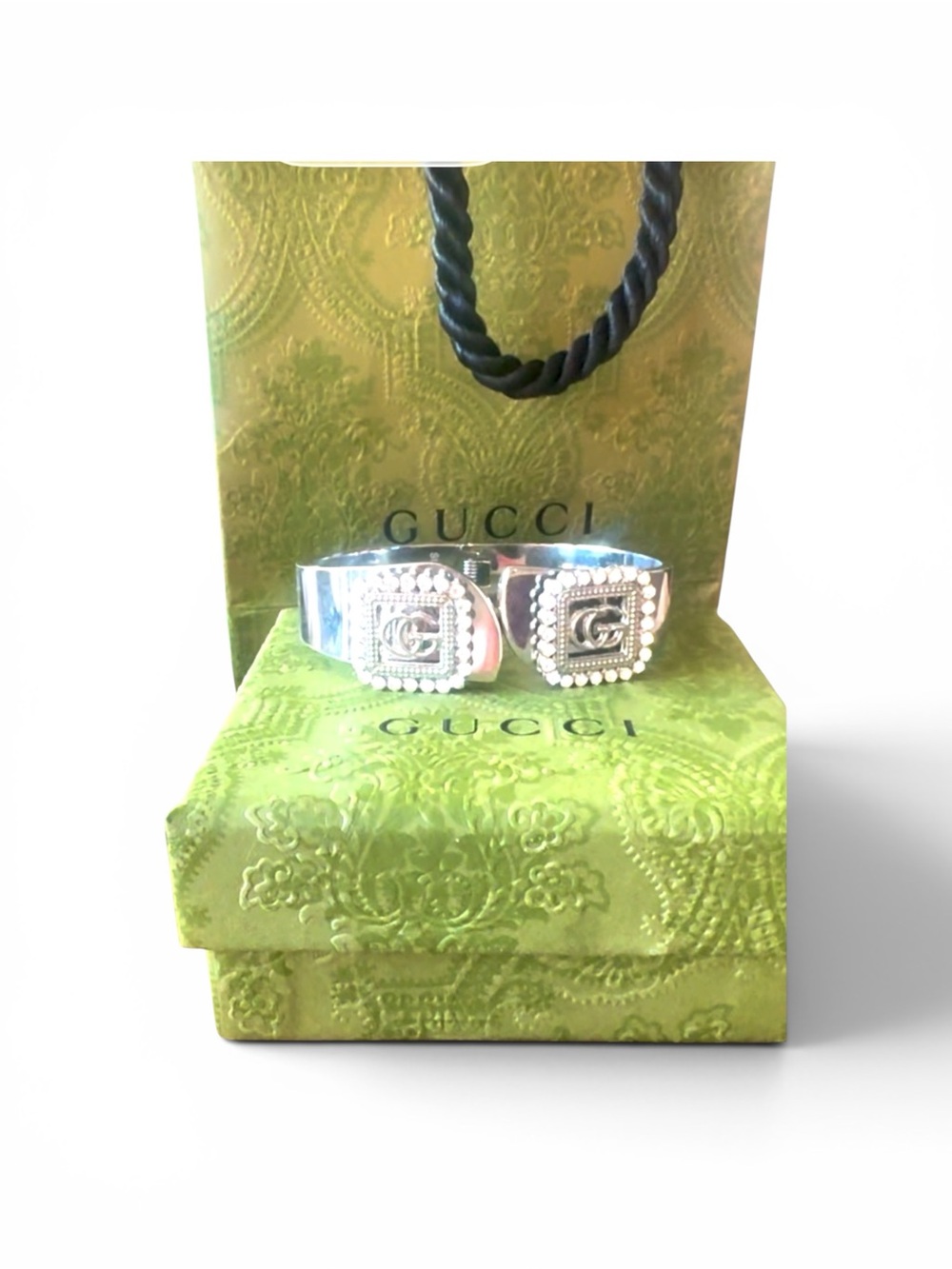 Stainless Steel Silver Cuff w/ Rhinestone GG’s on the ends